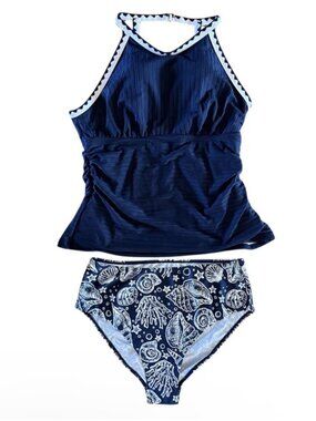 Women M Navy Blue Tankini Swimsuit with Cups Sea Shell Navy Blue White Beach Nau